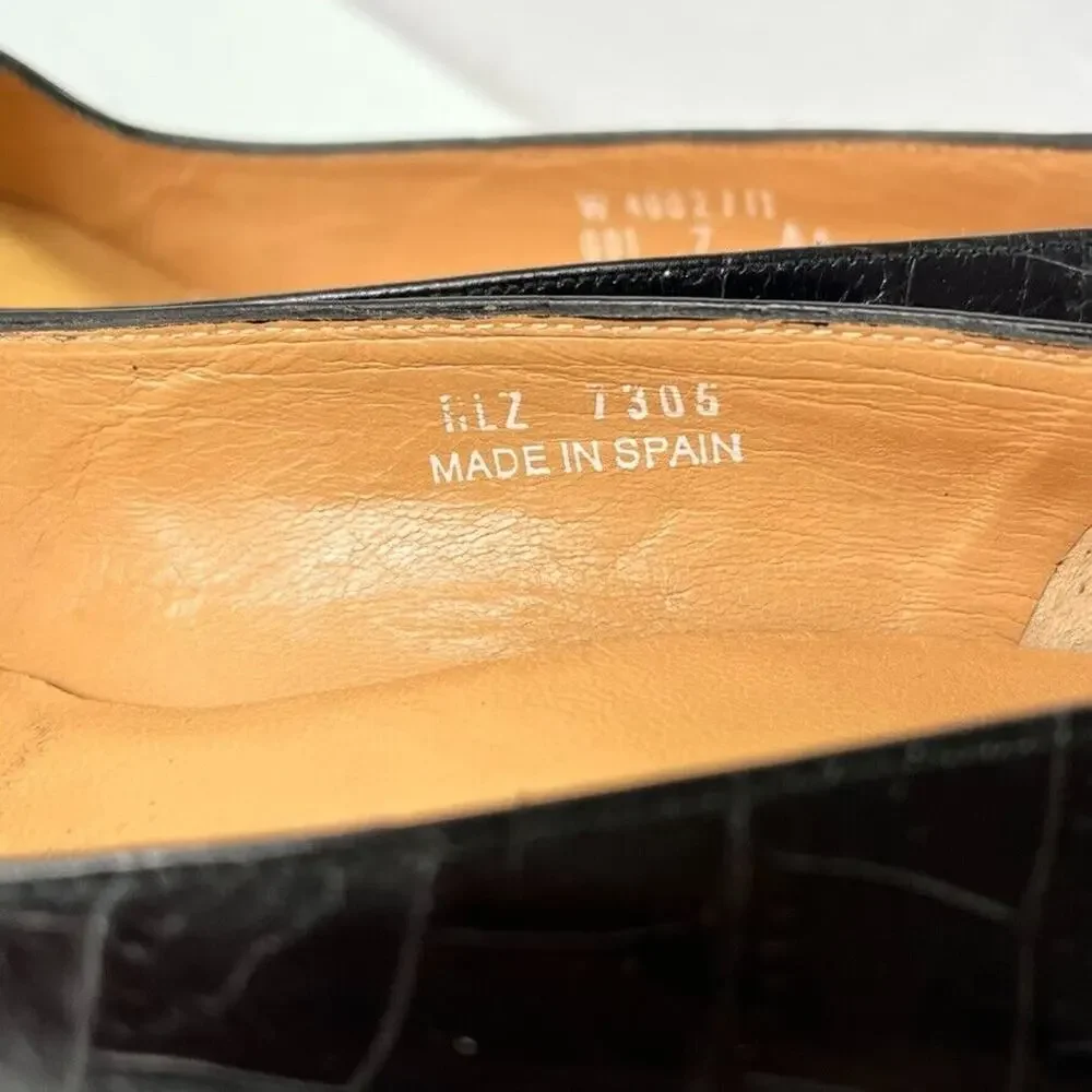 Ralph Lauren Pumps Womens 7AA Black Croc Print High Heel Square Toe Spain Made
